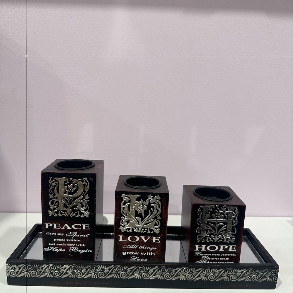 Decorative Candle Holder “Peace, Love and Hope” Set with Tray